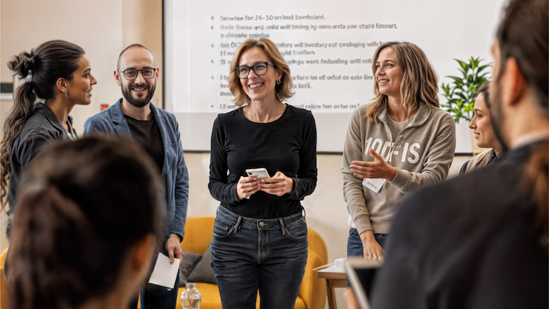 Mehrere Erwachsene stehen in einem Kreis. Hinter ihnen wird eine Pr&auml;sentation auf eine Leinwand projiziert. Die Personen halten Zettel in den H&auml;nden und scheinen sich in einem Gespr&auml;ch zu befinden.